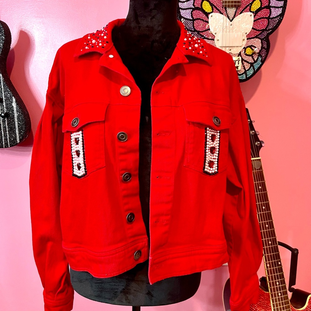 Red Rhinestone Card Design Women's Jacket - Picture 3 of 5